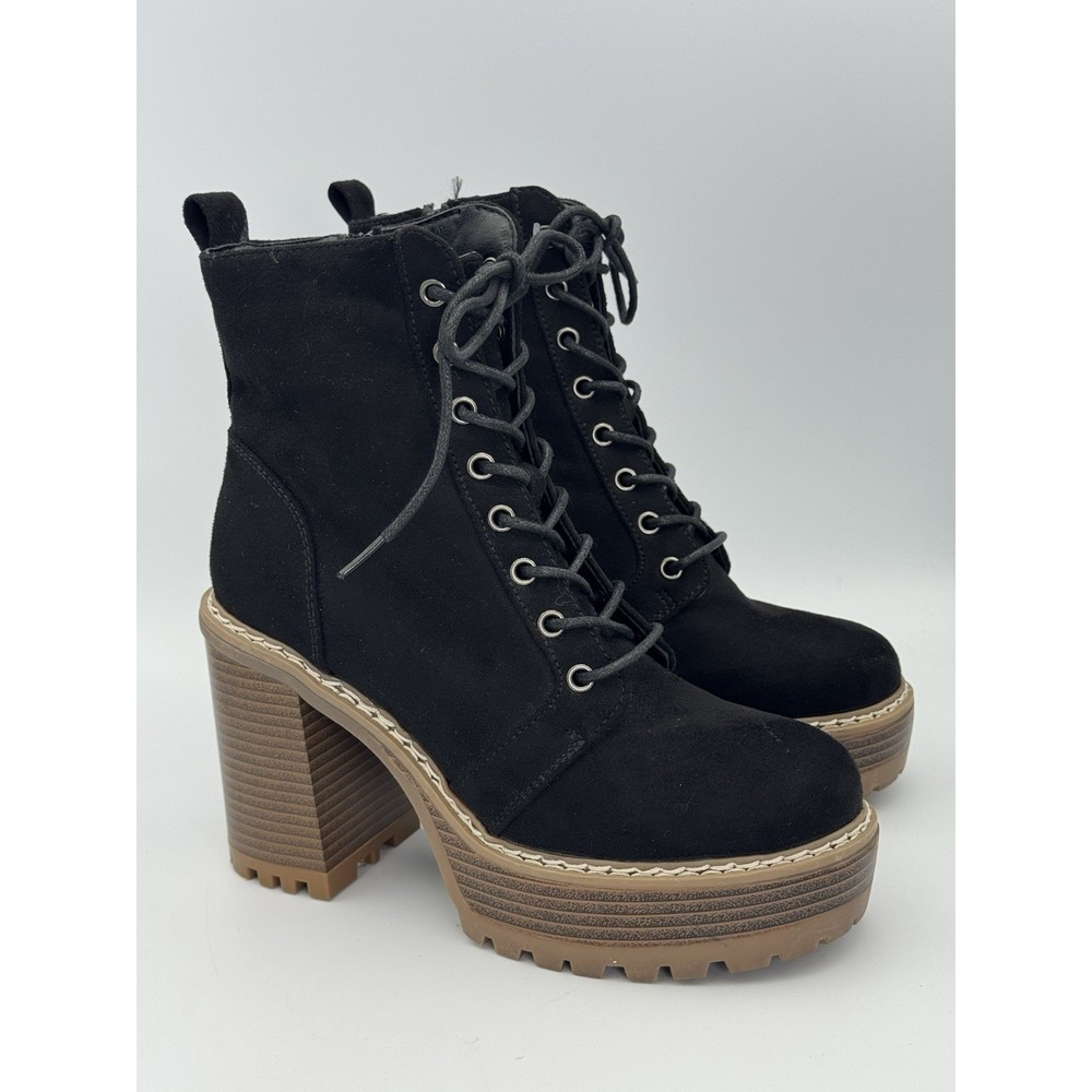 Chunky Platform Lace-Up Block Heel Boots Black Faux Suede Size 6 Y2K Street Glam
